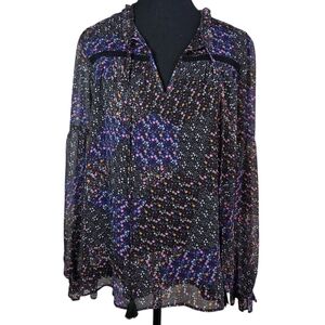 Lost + Wander Black and Purple Floral Blouse With Sheer Sleeves And Front Tie M